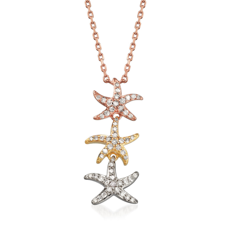 Tri-colored sterling silver starfish necklace with pave diamond starfish pendants