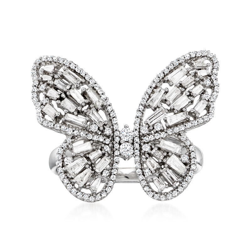 14kt white gold diamond butterfly ring with baguette and round stones, open design