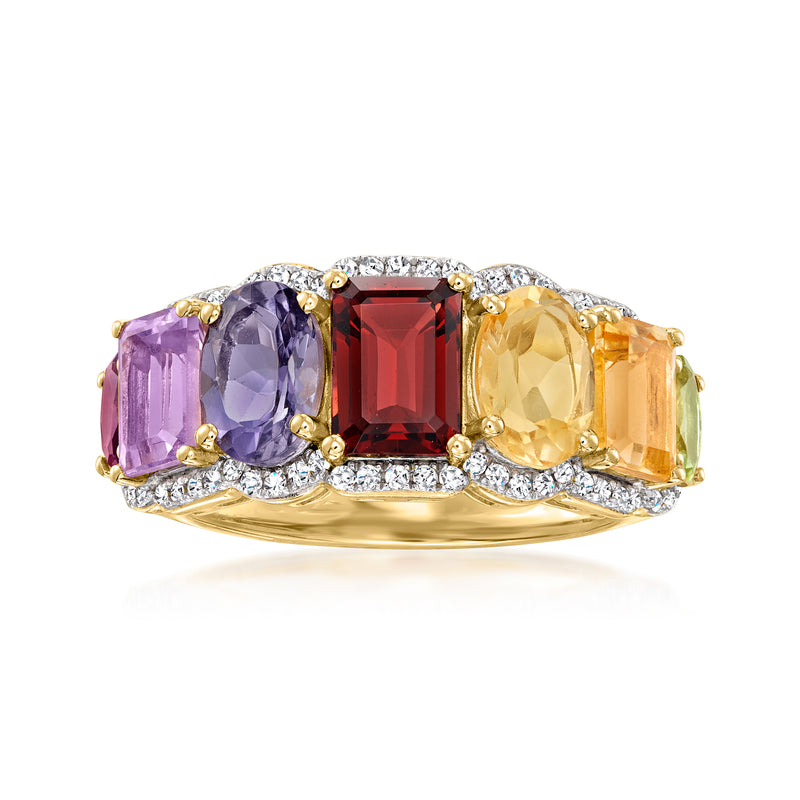 Gold over sterling multi-gemstone ring with purple, red, and yellow stones and diamond accents