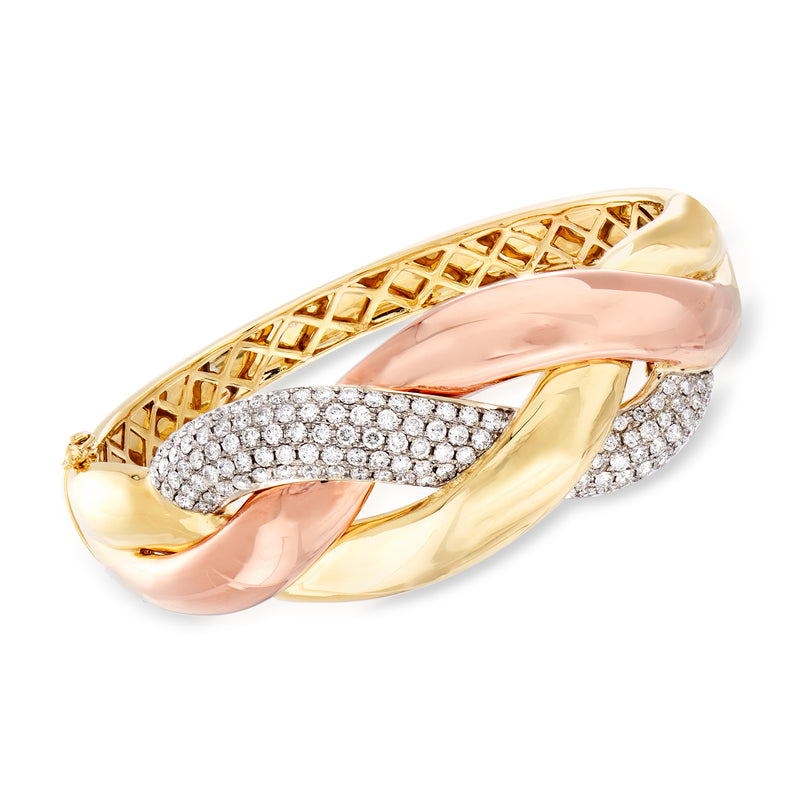 Diamond braided bangle bracelet in tri-color gold with pavé diamond center