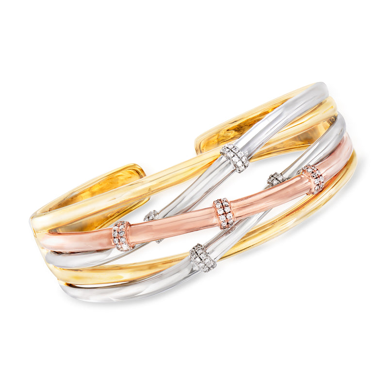 Tri-colored 14kt gold diamond cuff bracelet with repeating small diamond stations
