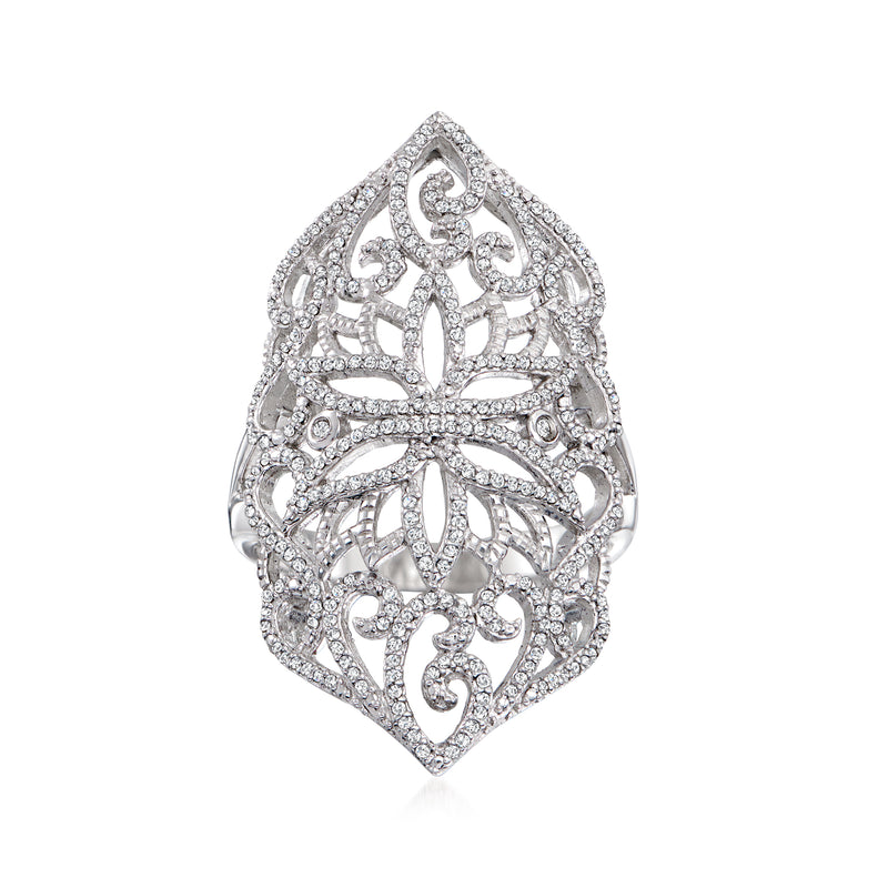 Sterling silver diamond floral openwork ring with teardrop lace cutout design