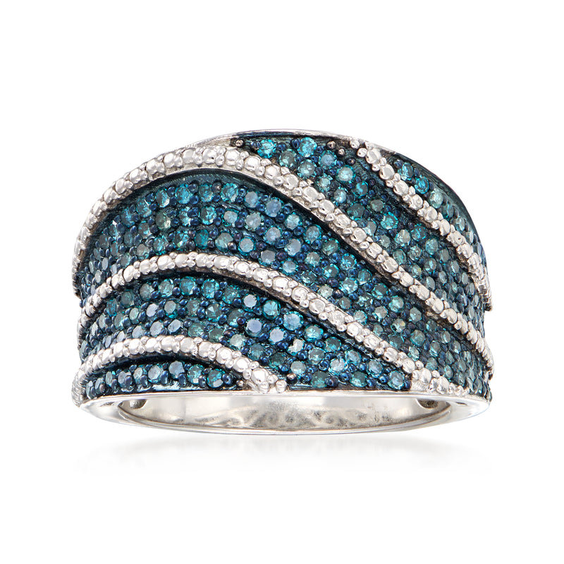 Sterling silver diamond ring with blue diamond pave wave bands
