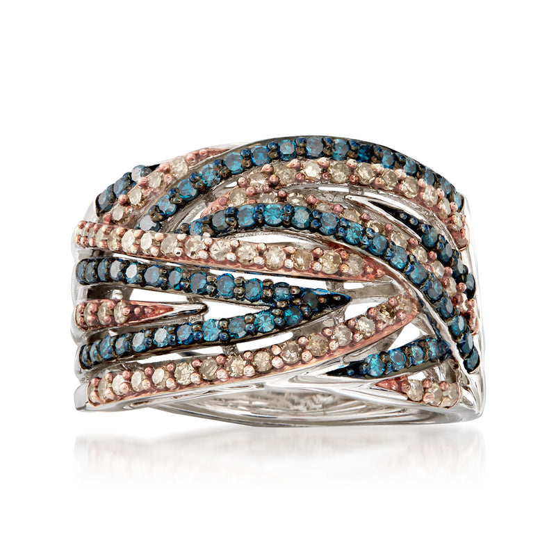 Sterling silver diamond ring with blue and champagne stones, braided multi-row design