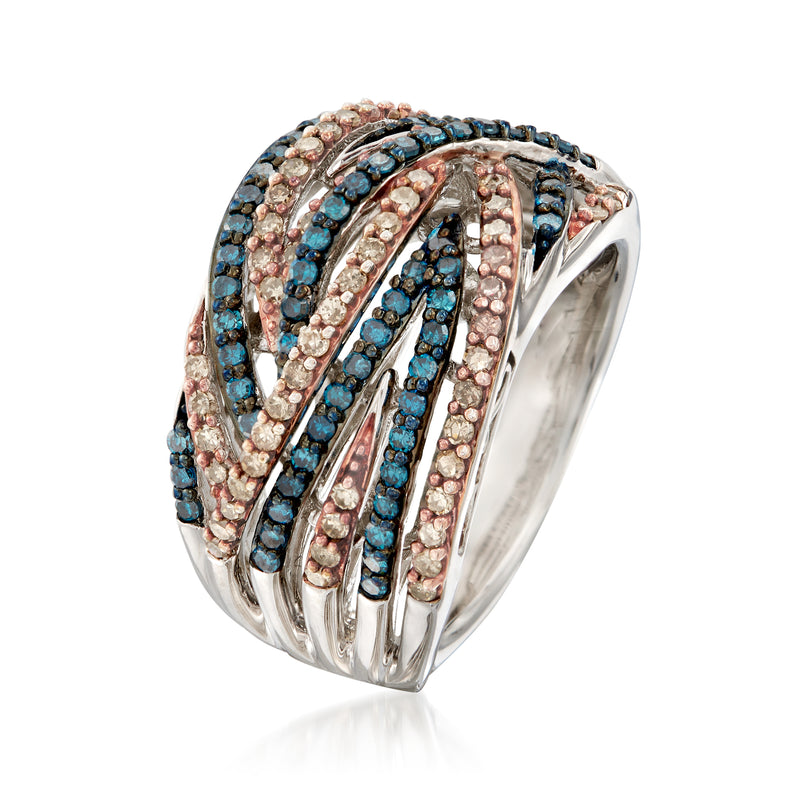 Sterling silver diamond ring, side view with blue and champagne stone rows