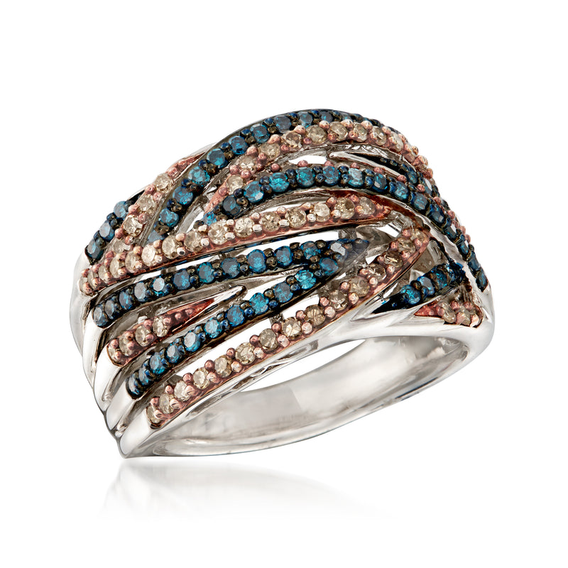 Sterling silver diamond ring, angled view with blue and champagne stone bands