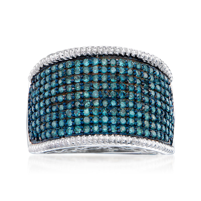 Sterling silver ring with multi-row blue diamond band