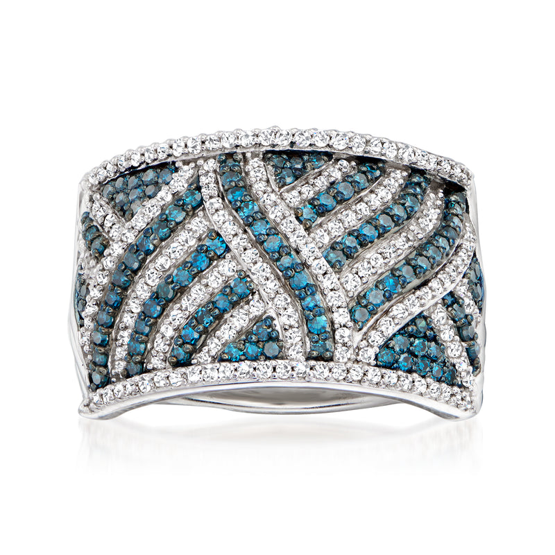 Sterling silver diamond ring with blue and white stone geometric band