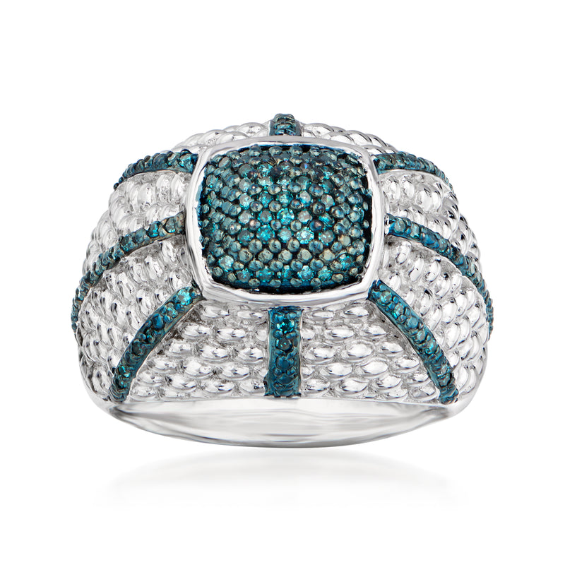 Sterling silver blue diamond weaved dome ring with blue center stone