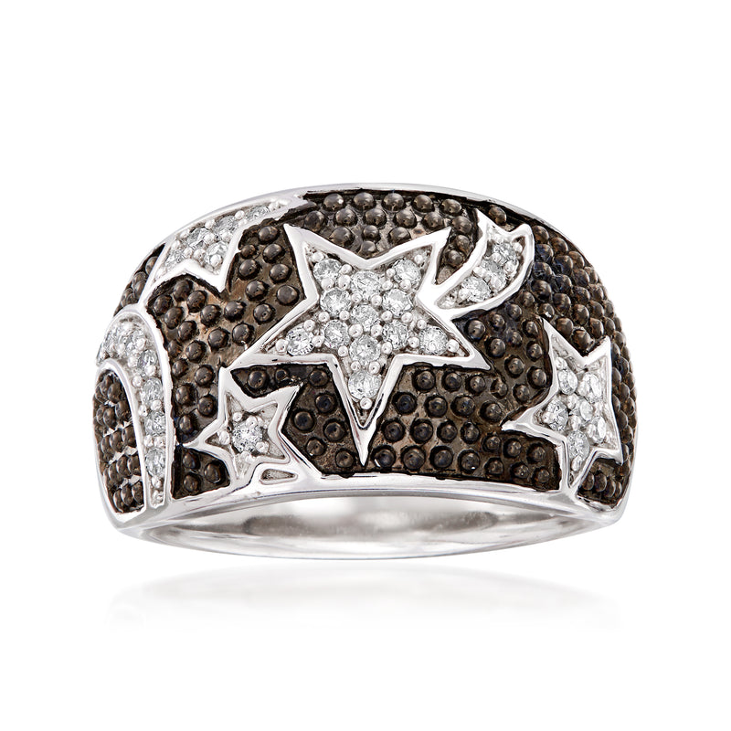Sterling silver diamond star and moon ring with textured band detail