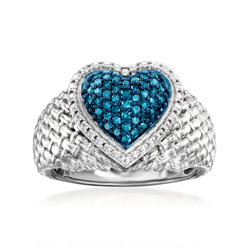 Sterling silver heart ring with blue diamond pave center and textured band