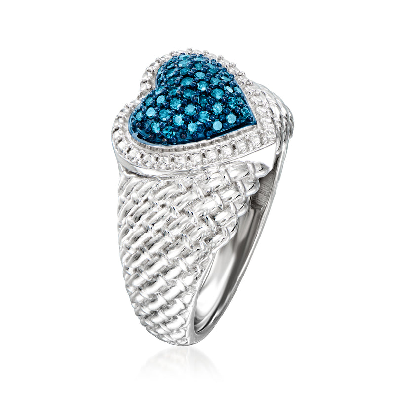 Sterling silver heart ring with blue diamond heart top