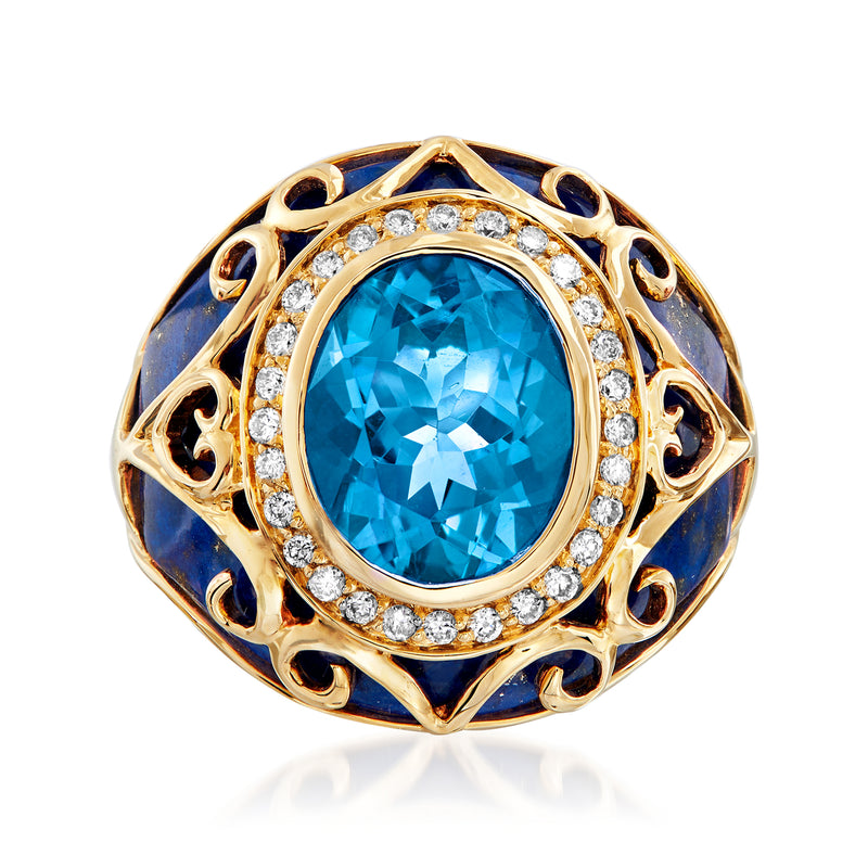 Yellow gold ring with oval Swiss blue topaz, diamond halo and ornate blue settings