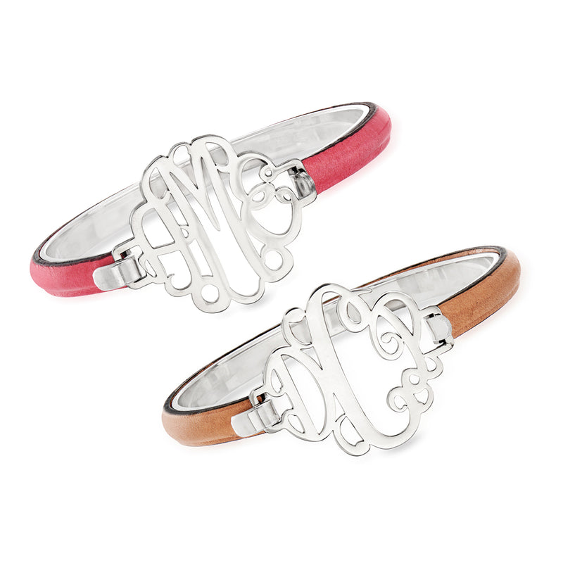 Sterling silver monogram bracelet with red and tan leather straps and clasp