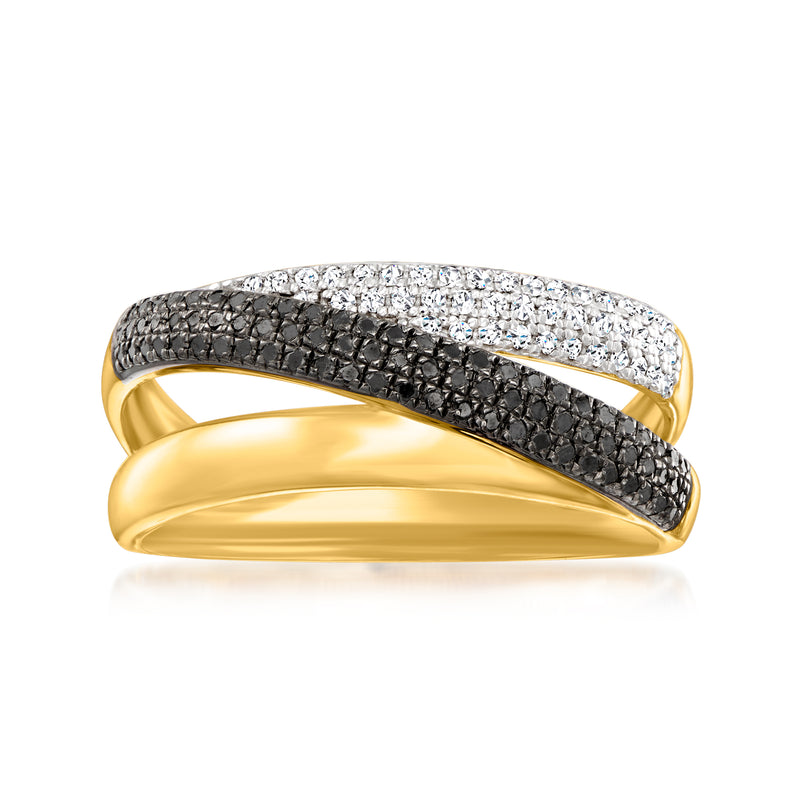 Crisscross ring in gold over sterling with black and white diamonds