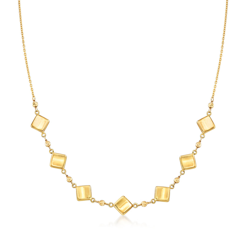 14kt yellow gold necklace with diamond-shaped and beaded links, square stations