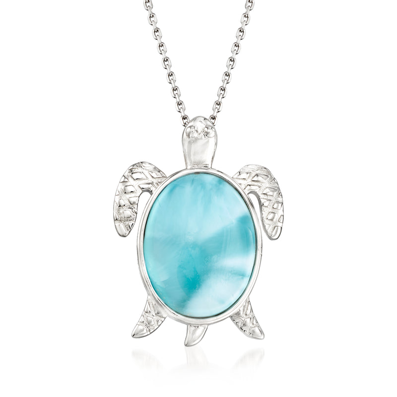 Sterling silver sea turtle pendant necklace with oval blue larimar cabochon