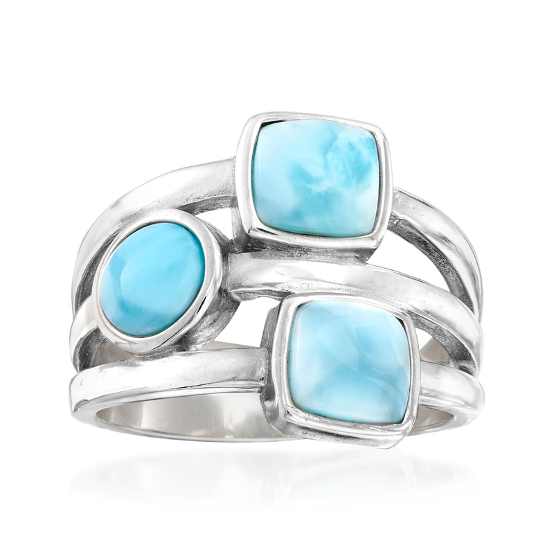 Sterling silver ring with round and square Larimar cabochons, multi-row design