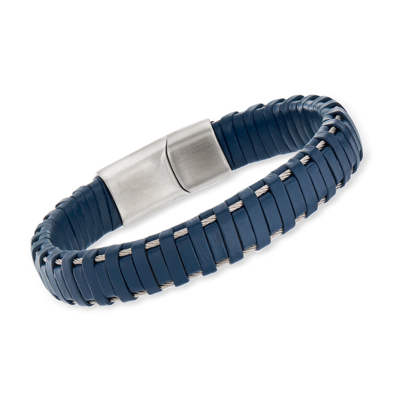 Men's blue leather bracelet with stainless steel magnetic clasp