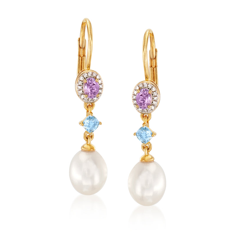 18k gold over sterling leverback drop earrings with purple amethyst, blue topaz, and pearl