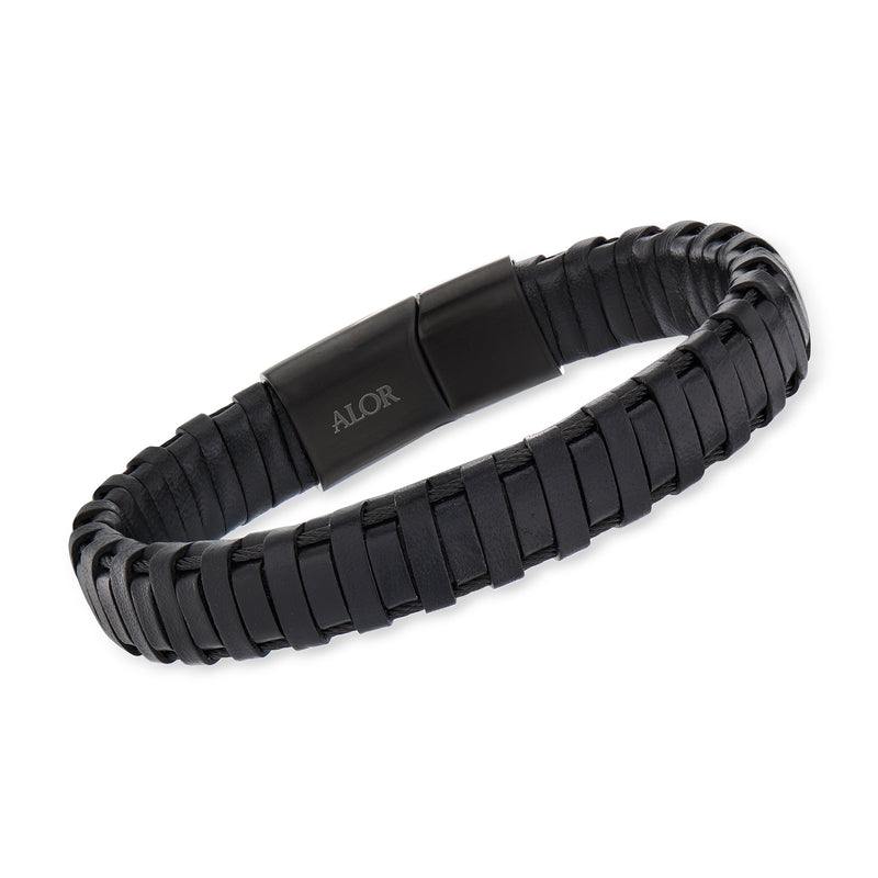 Men's black leather bracelet with black stainless steel center, ALOR logo