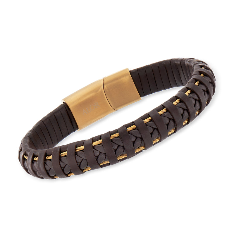 Men's braided brown leather bracelet with gold-tone stainless clasp