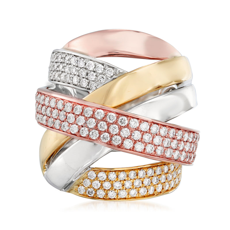 Tri-colored gold pave diamond highway ring with three cross-over bands, clear stones.