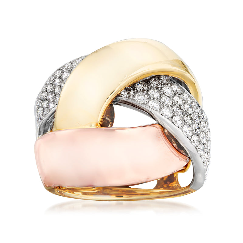Tri-colored gold diamond knot ring with pave-set stones, shiny 3-tone band