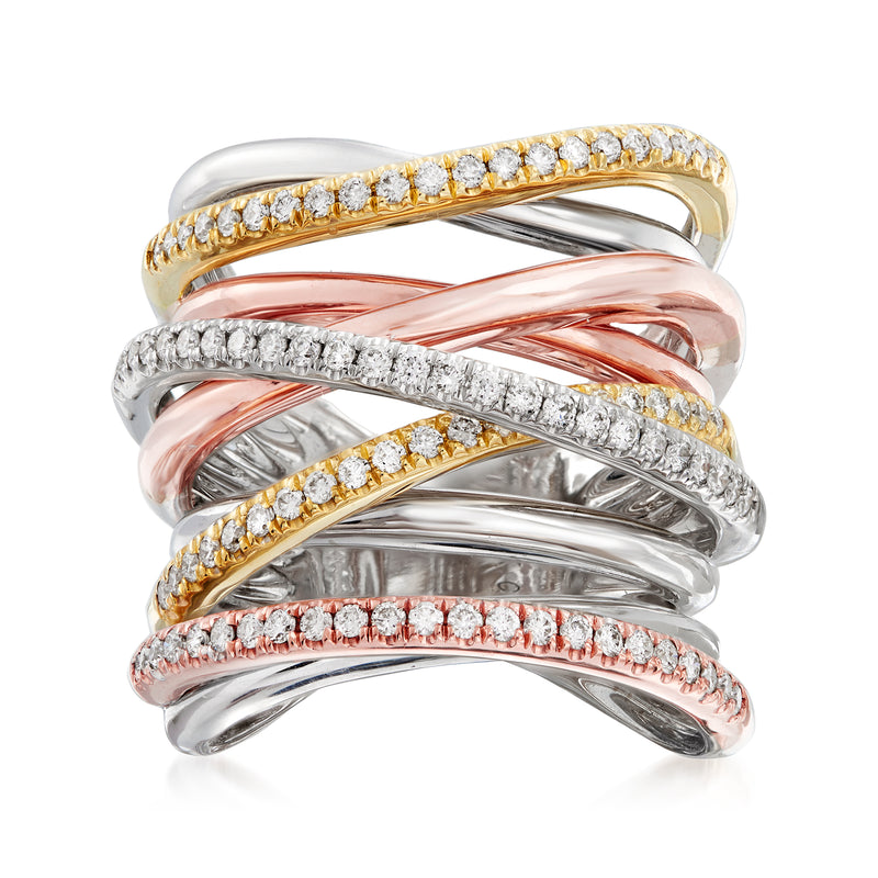 Diamond highway ring in 14kt tri-colored gold with crisscross bands