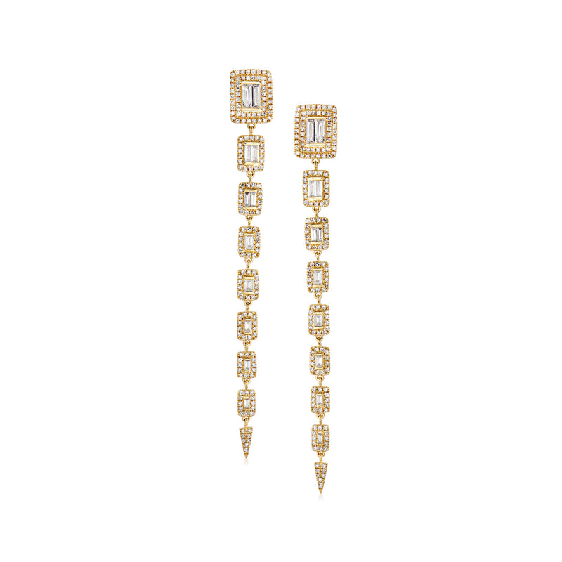 18kt yellow gold graduated drop earrings with round and baguette diamonds