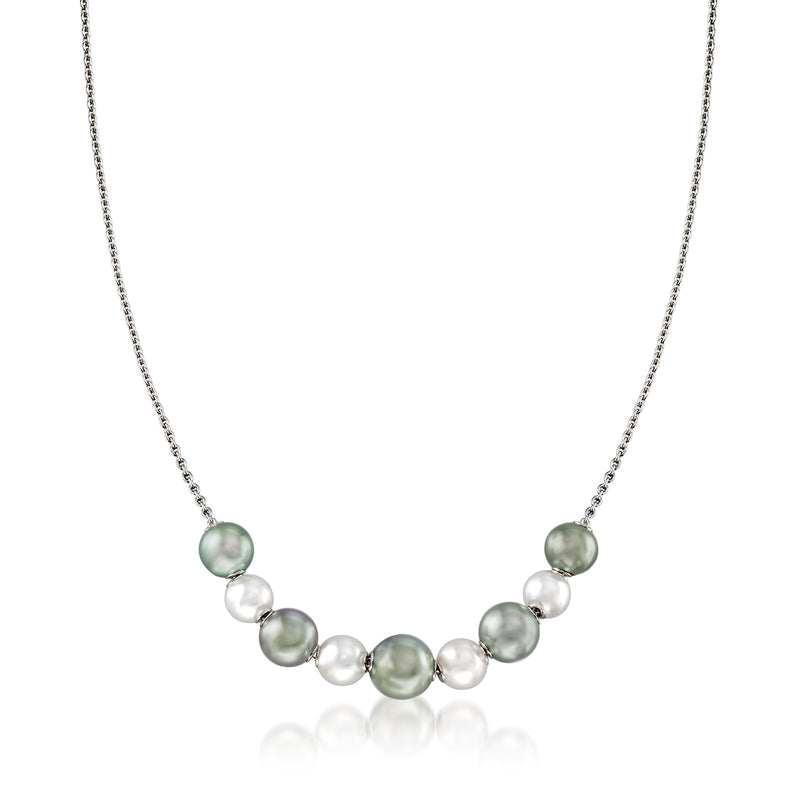 Pearl bead necklace with round green and white pearls on silver-toned chain
