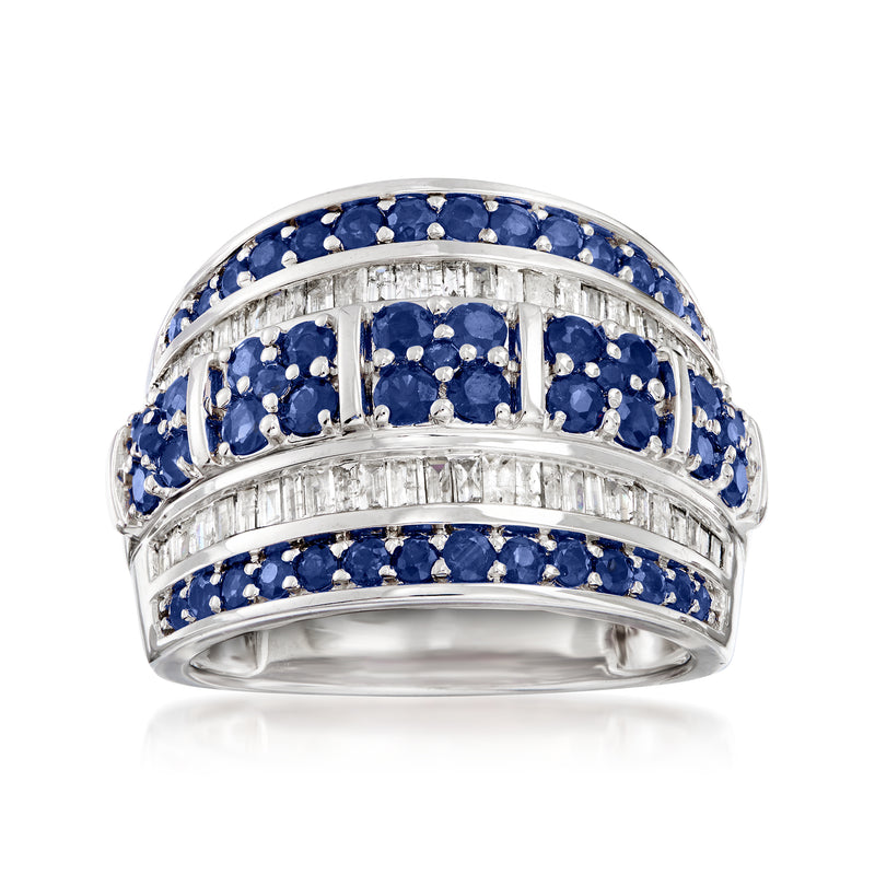 Multi-row sapphire and diamond ring in sterling silver with blue oval stones
