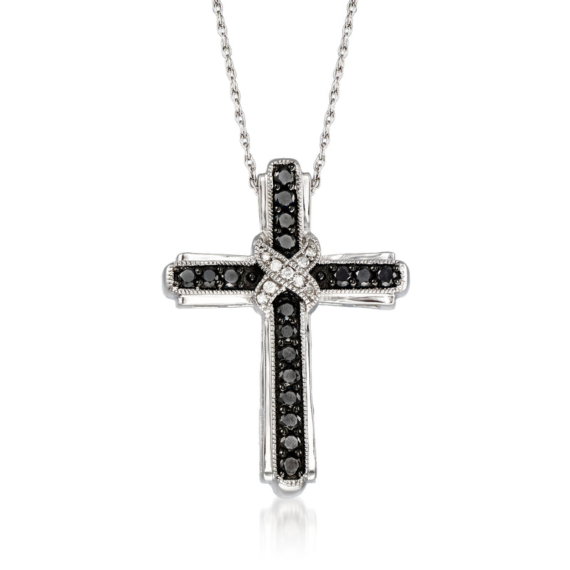 Sterling silver cross pendant necklace with black and white diamond accents