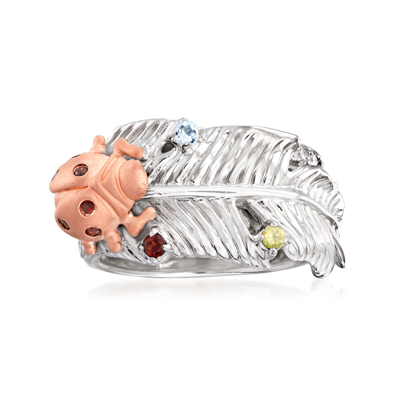 Multi-gemstone ladybug ring with sterling silver textured wings and rose gold-toned body
