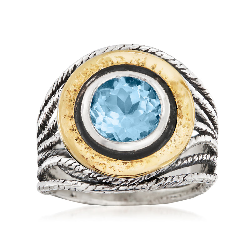 Sky blue topaz ring with round gemstone, yellow-gold bezel and textured sterling silver band