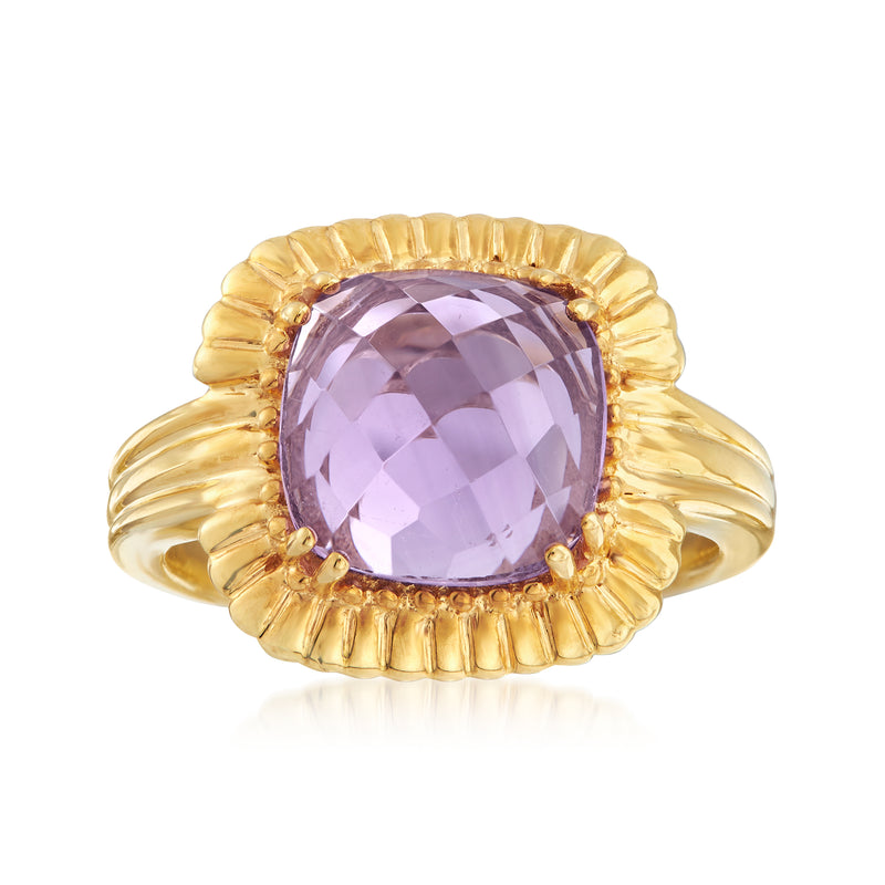Gold over sterling amethyst ring with oval lavender gemstone and scalloped halo