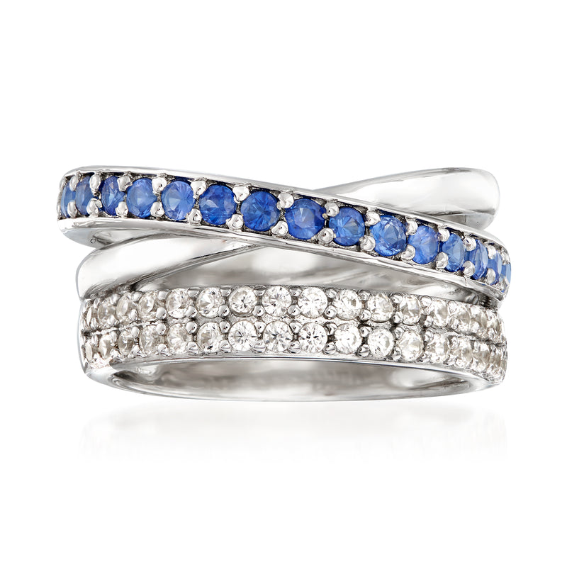 Sterling silver highway ring with blue sapphire and clear white topaz stones