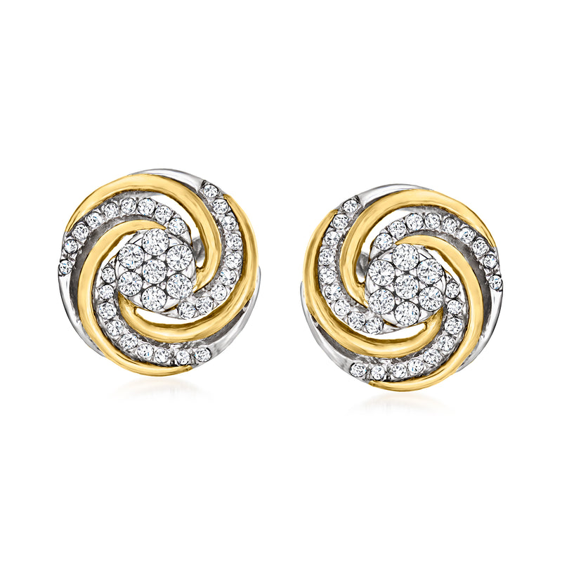 Swirl diamond stud earrings with yellow gold accents on sterling silver, post backs