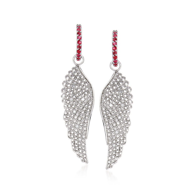 Sterling silver angel wing drop earrings with ruby hoops and pavé diamond wings