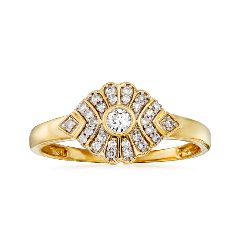 14kt yellow gold diamond ring, marquise-style setting with round center and halo