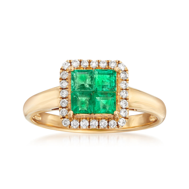 18kt yellow gold ring with square emerald center and diamond frame and halo