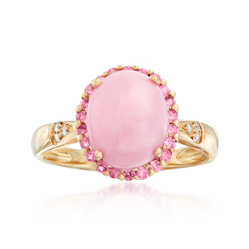 Oval pink sapphire halo ring with diamond accents, 14kt yellow gold