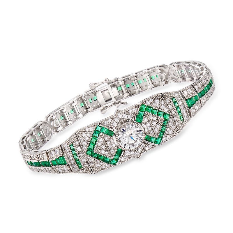 Sterling silver tennis bracelet with green simulated emeralds and clear CZ stones, hinged clasp