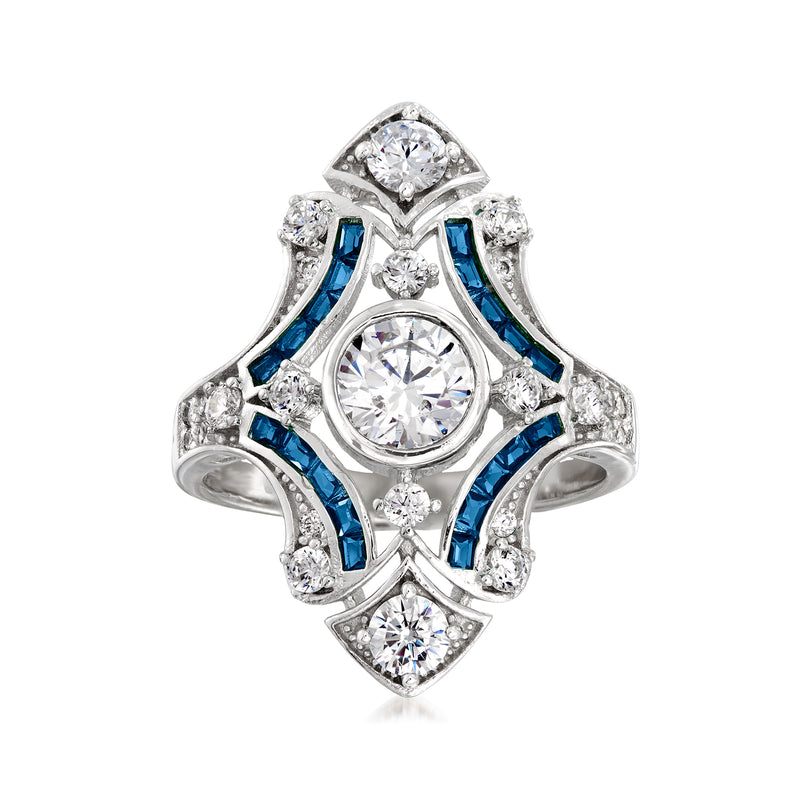 Sterling silver statement ring with round CZ stones and blue simulated sapphire accents