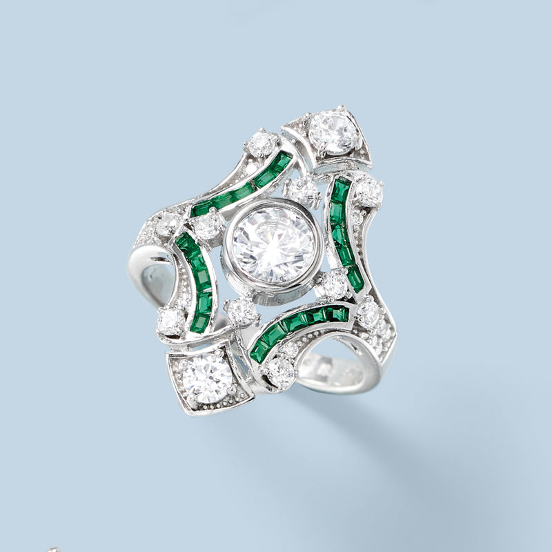 Sterling silver cocktail ring with round CZ center, green inlay bands, square halo stones