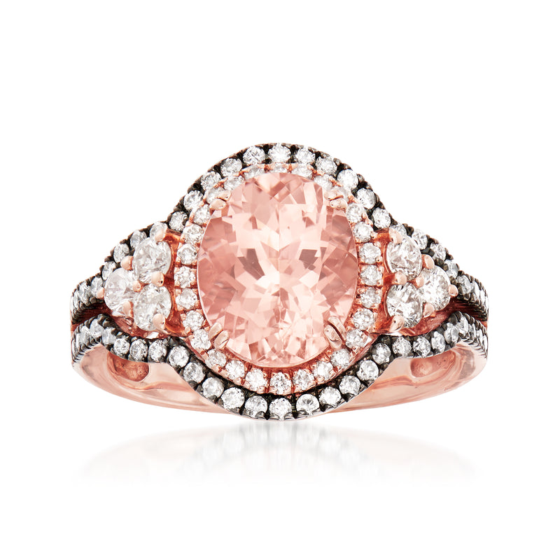 Morganite and diamond halo ring in 14kt rose gold, pink oval center stone