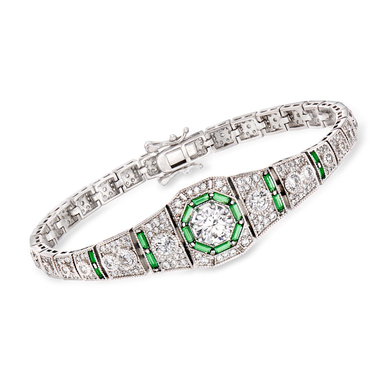 Sterling silver tennis bracelet with green simulated emerald center and clear CZ accents