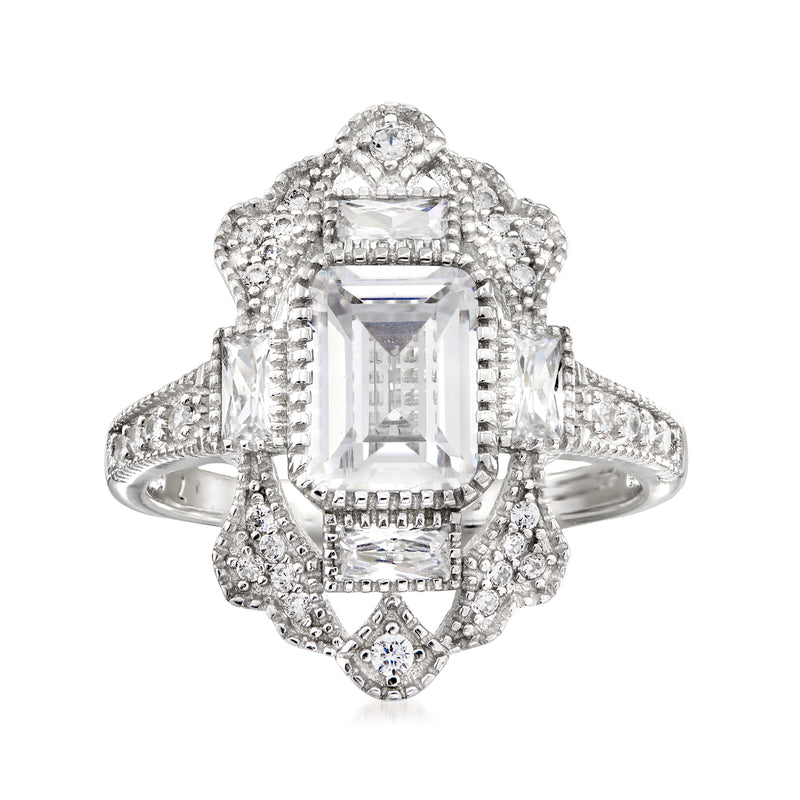 Sterling silver vintage-style CZ ring with emerald-cut center stone