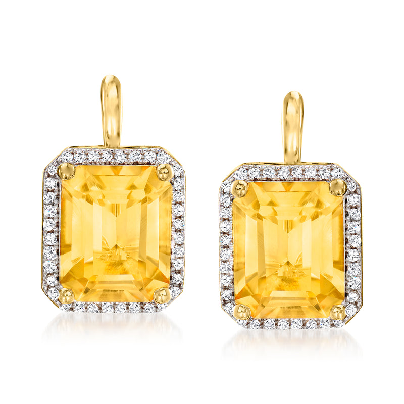 Gold over sterling leverback drop earrings: square yellow citrine with diamond halo