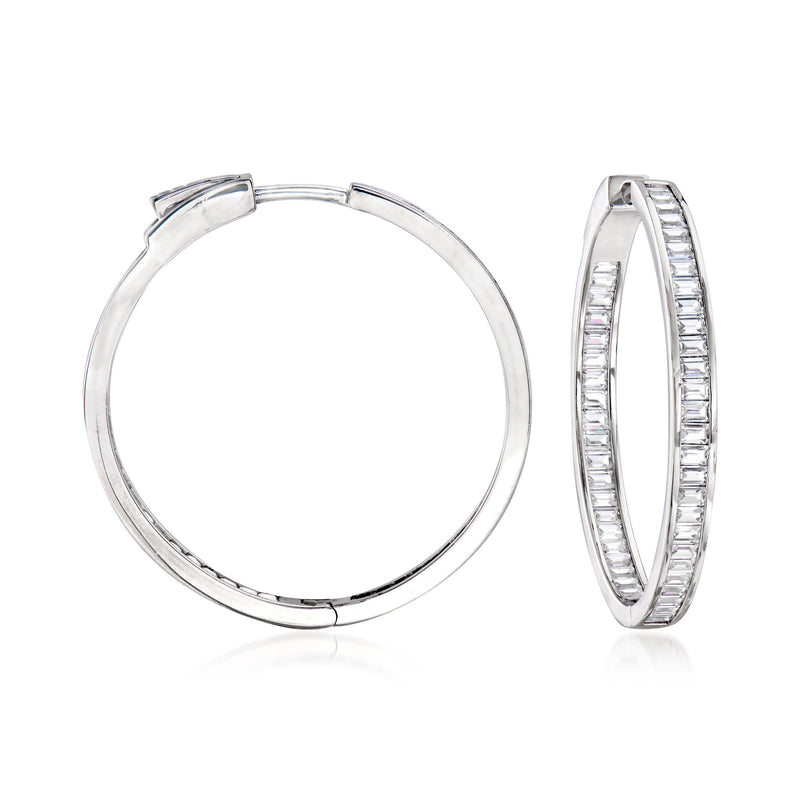 Sterling silver inside-out baguette CZ hoop earrings, oval hoops with clear baguette stones